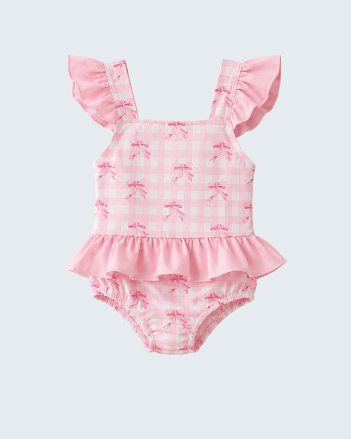 Pink Bow Print Ruffle One-Piece Swimsuit for baby girls