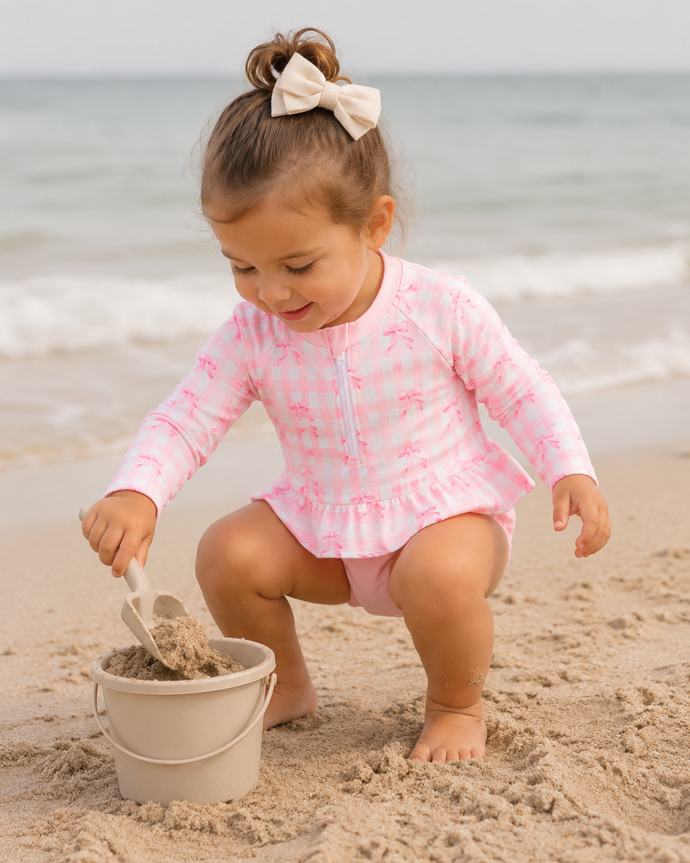 Child playing on the beach wearing a pink and white patterned swimsuit.