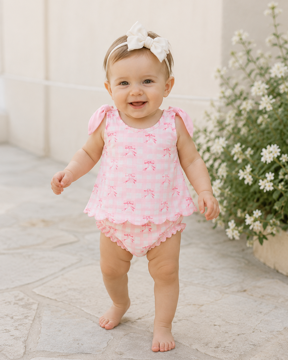 Baby in a pink floral outfit standing outdoors with flowers in the background