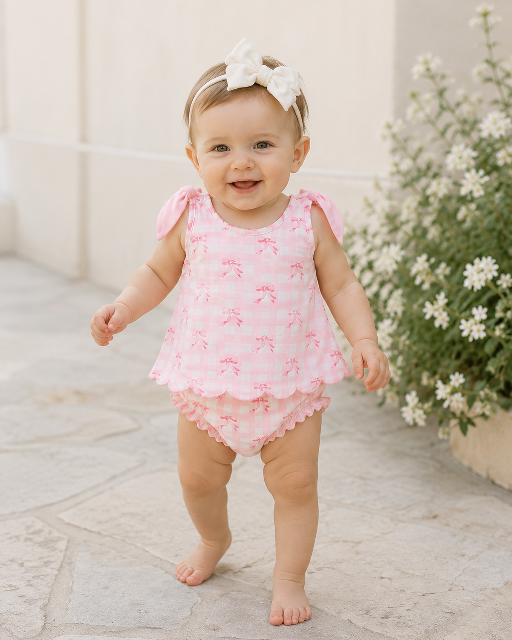 Baby in a pink floral outfit standing outdoors with flowers in the background