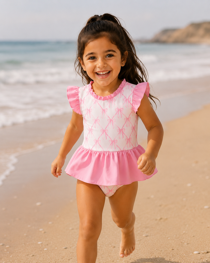 Young girl in a pink and white swimsuit running on a beach