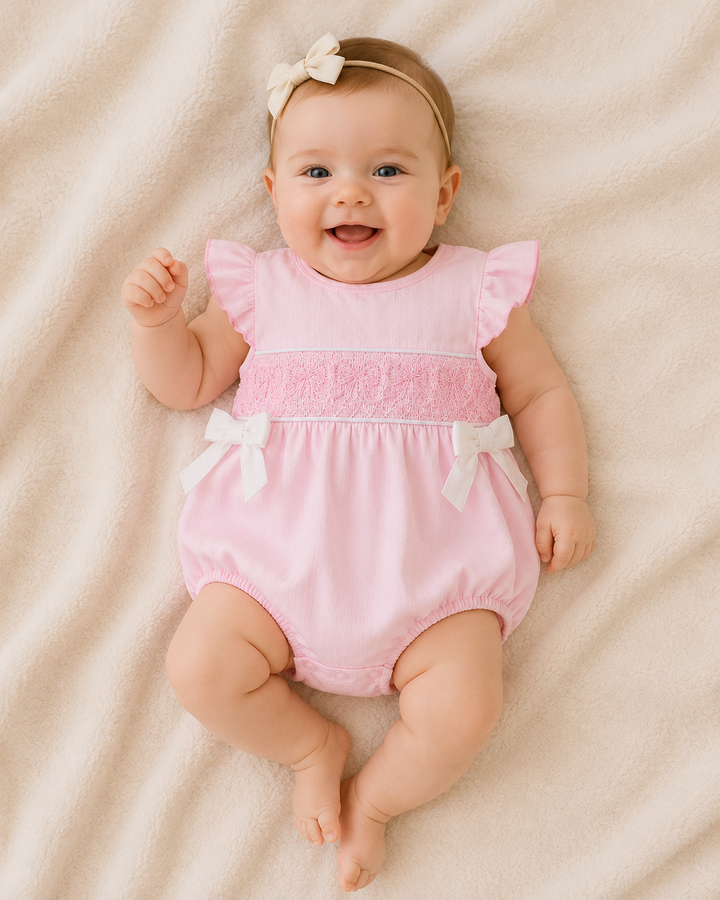 Baby wearing a pink romper with ruffles on a beige blanket