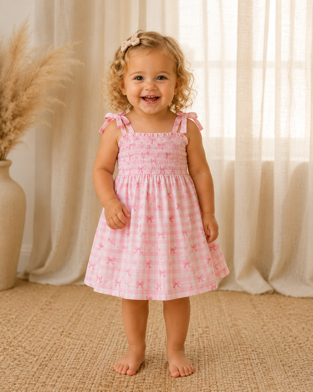 Young girl in a pink checkered dress standing in a softly lit room.