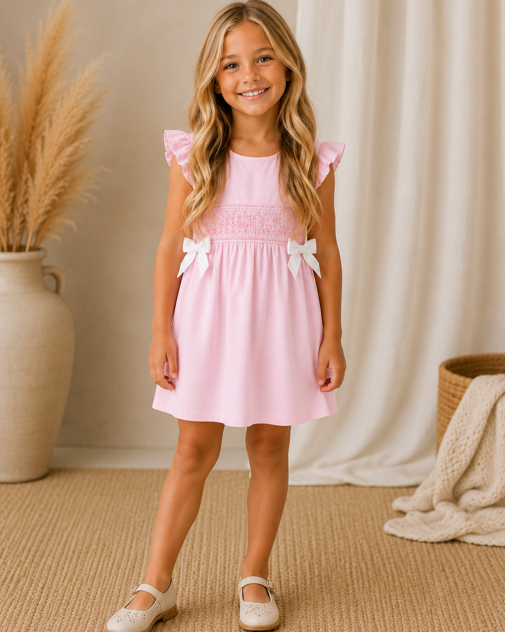 Young girl wearing a pink dress with white bows in a home setting