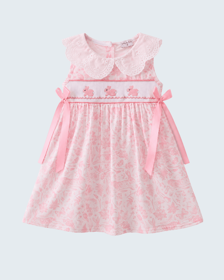 Girls Pink Bunny Smocked Lace Collar Dress