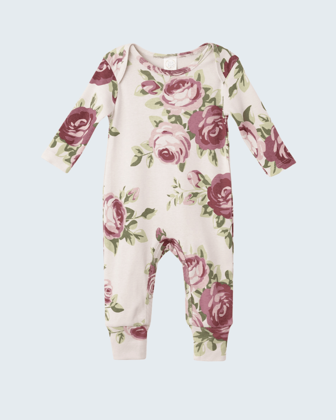 Cotton baby romper with long sleeves, cream base, and pink rose floral print