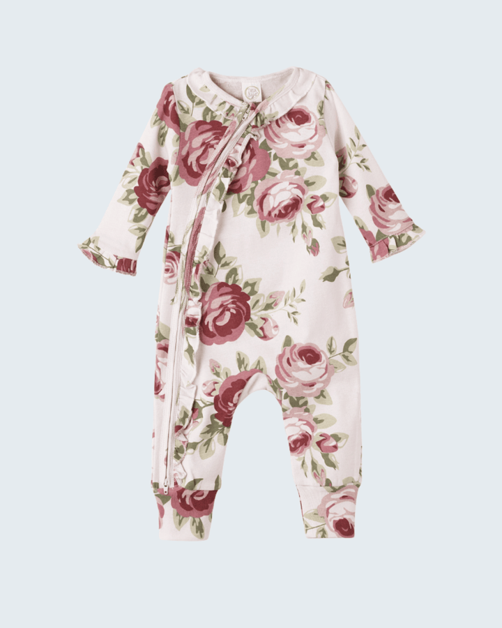 Pink floral zippered baby romper with long sleeves, footed legs, and ruffled collar