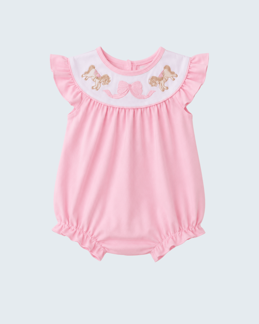 Pink baby romper with butterfly details on a light gray background