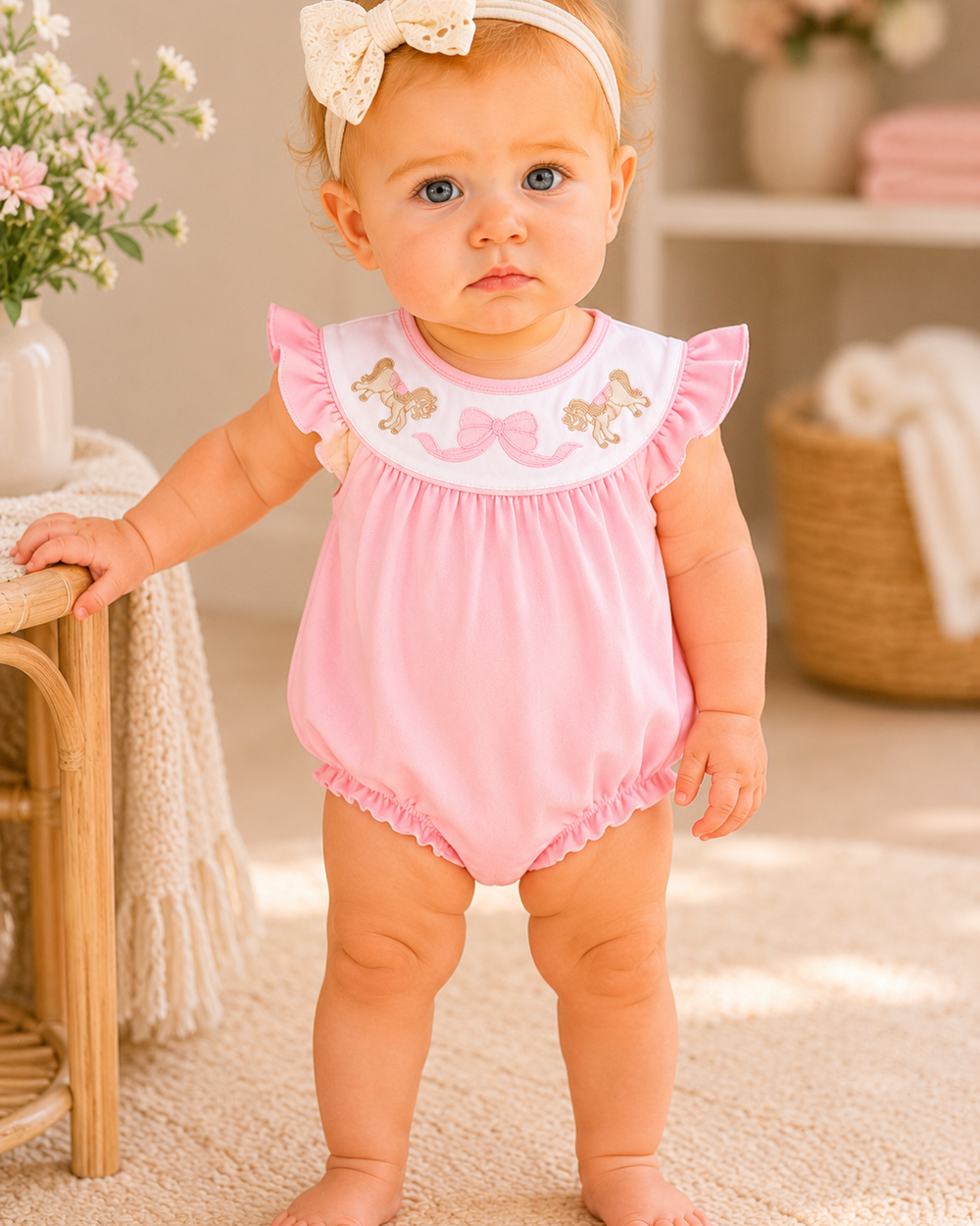 Baby girl in a pink romper with butterfly designs standing on a carpeted floor.