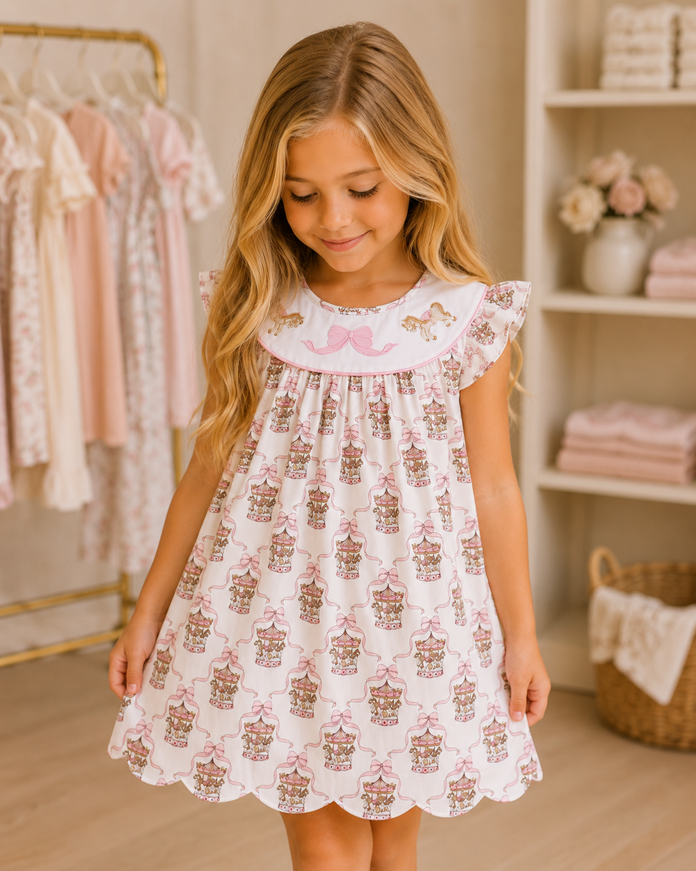 Young girl wearing a white dress with a floral pattern in a nursery setting