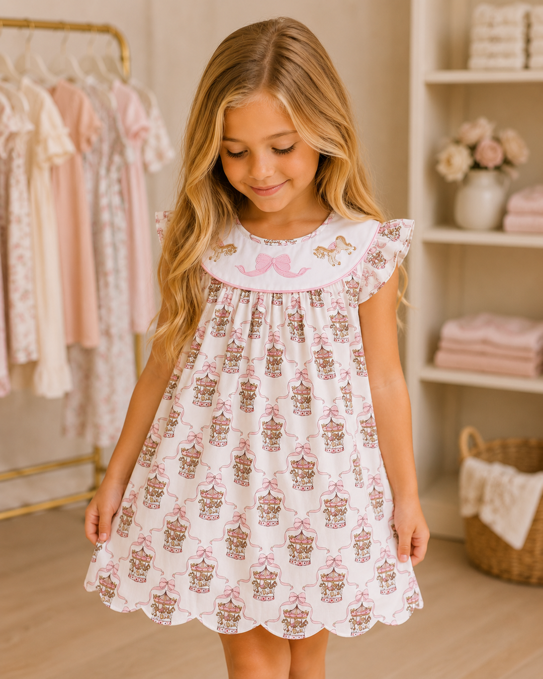 Young girl wearing a white dress with a floral pattern in a nursery setting