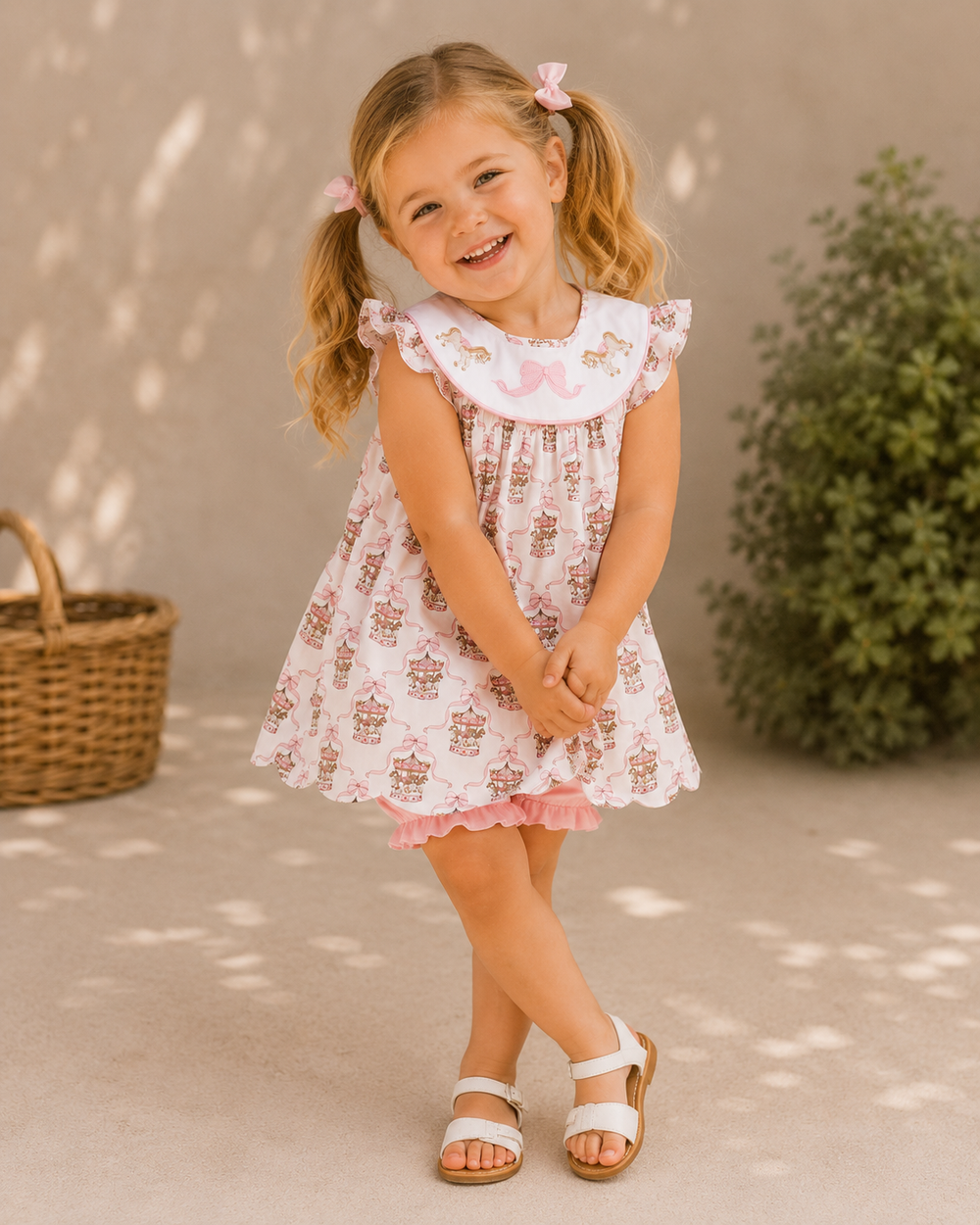 Young girl in a floral dress standing outdoors with a basket and plant in the background