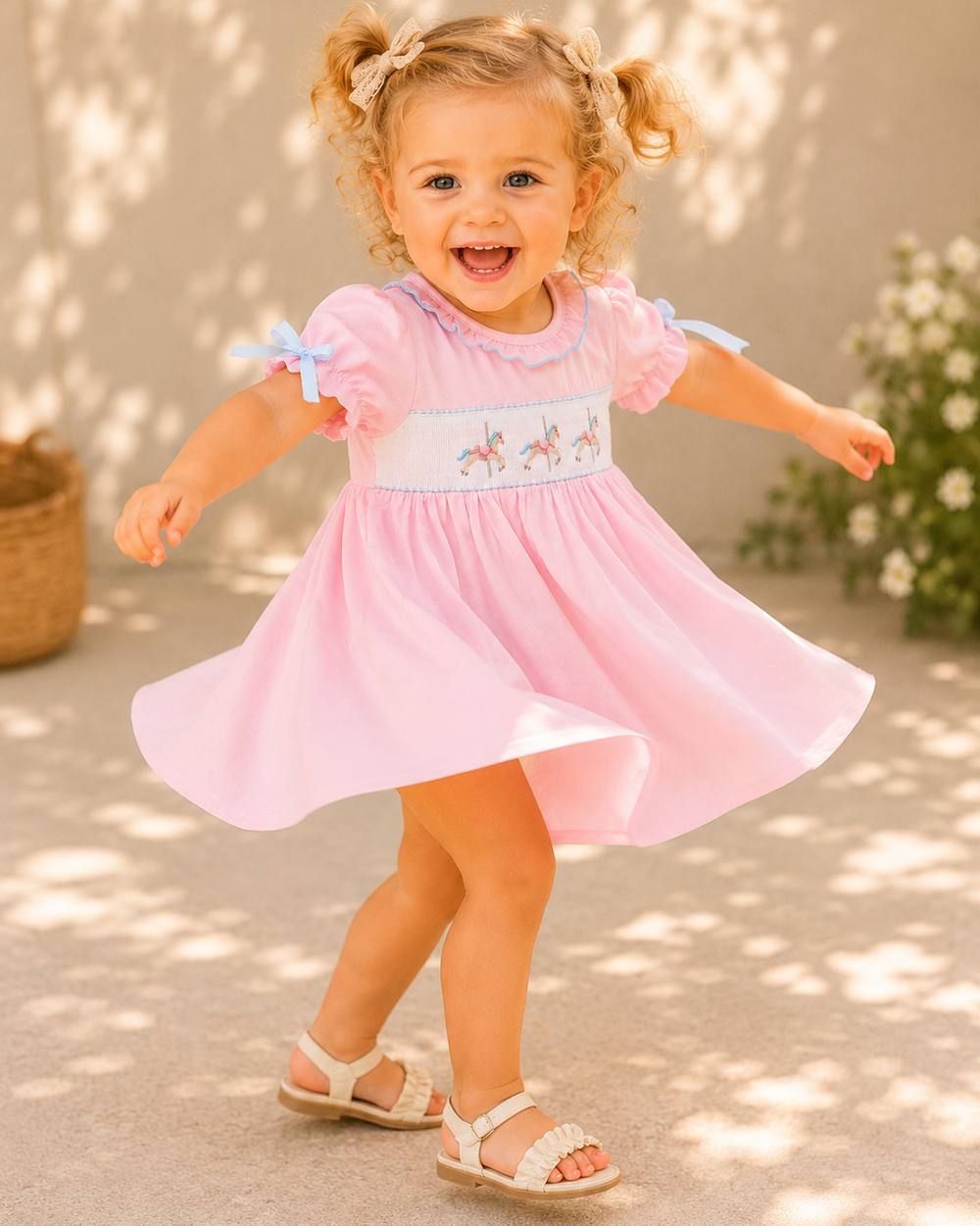 Toddler girl spinning around in sunny outdoor setting.