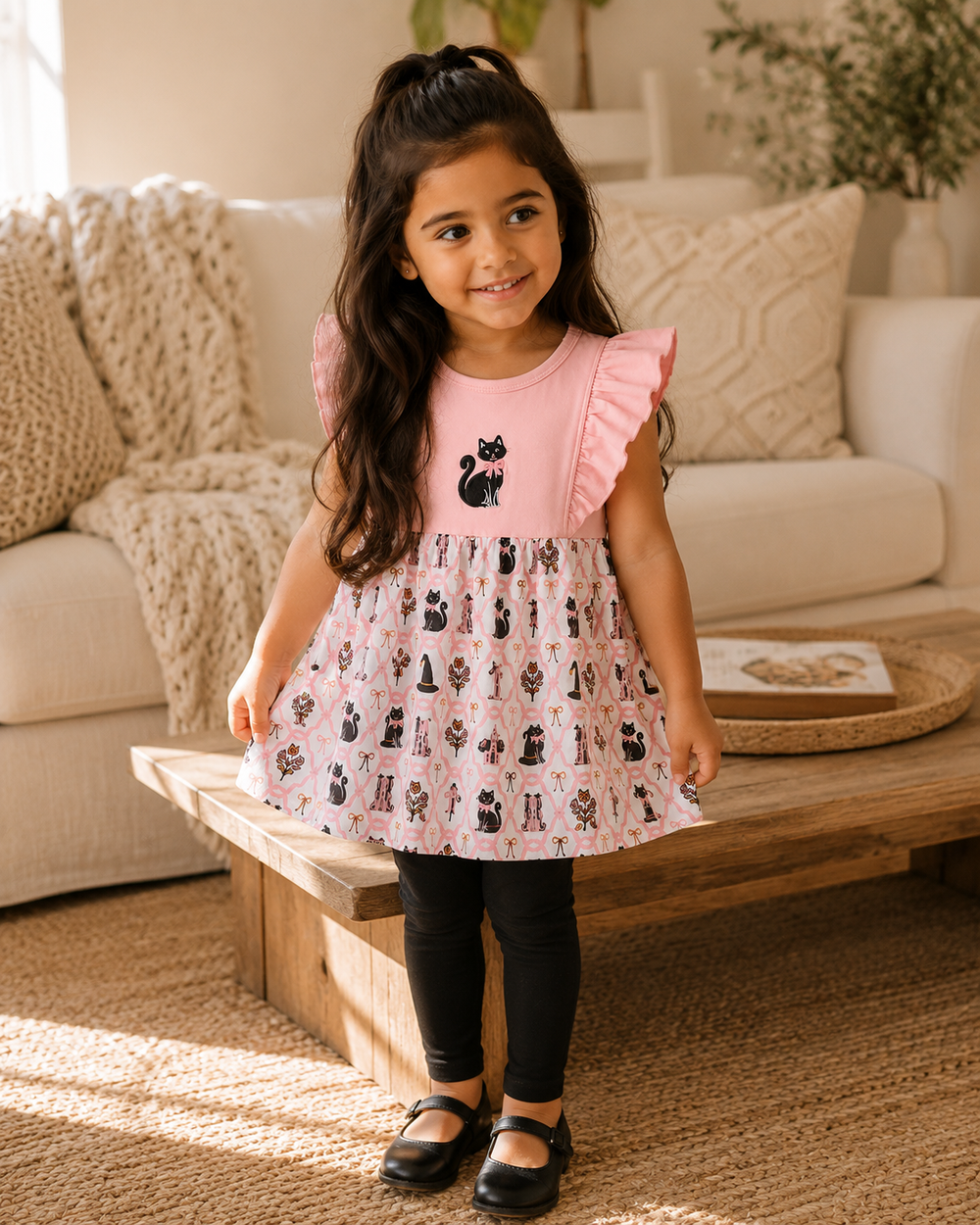 A young girl with long dark hair stands in a cozy living room wearing a pink dress with ruffled sleeves, a black cat graphic on the chest, and a pink skirt printed with black cats. She is wearing black leggings and black shoes.