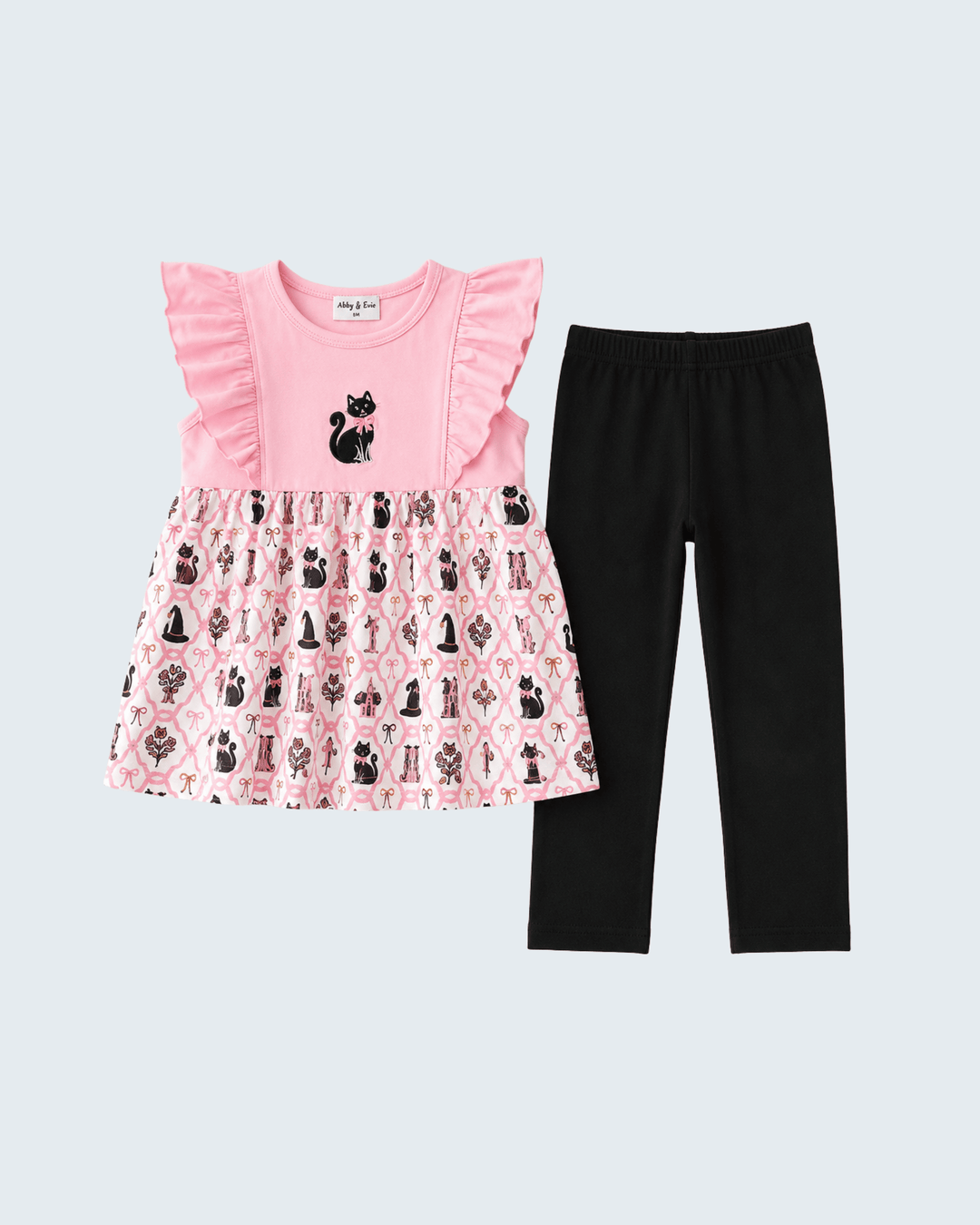 Pink Cat Embroidered Ruffle Pants Set