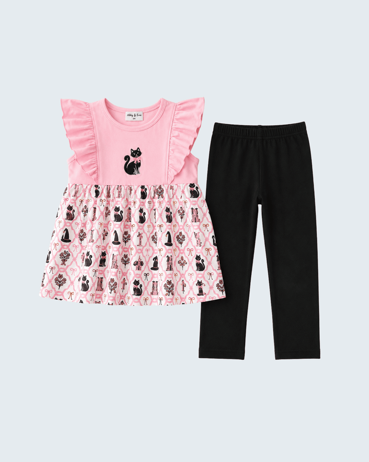 Pink Cat Embroidered Ruffle Pants Set