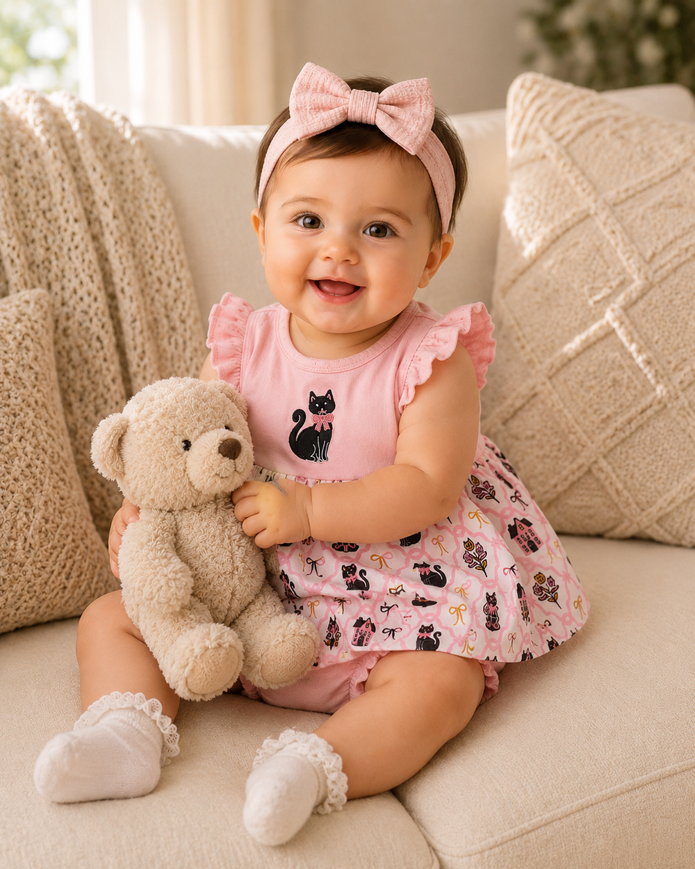 A baby girl sitting on a beige couch, wearing a pink ruffle-trimmed top and matching patterned skirt with a pink bow headband, holding a beige teddy bear.
