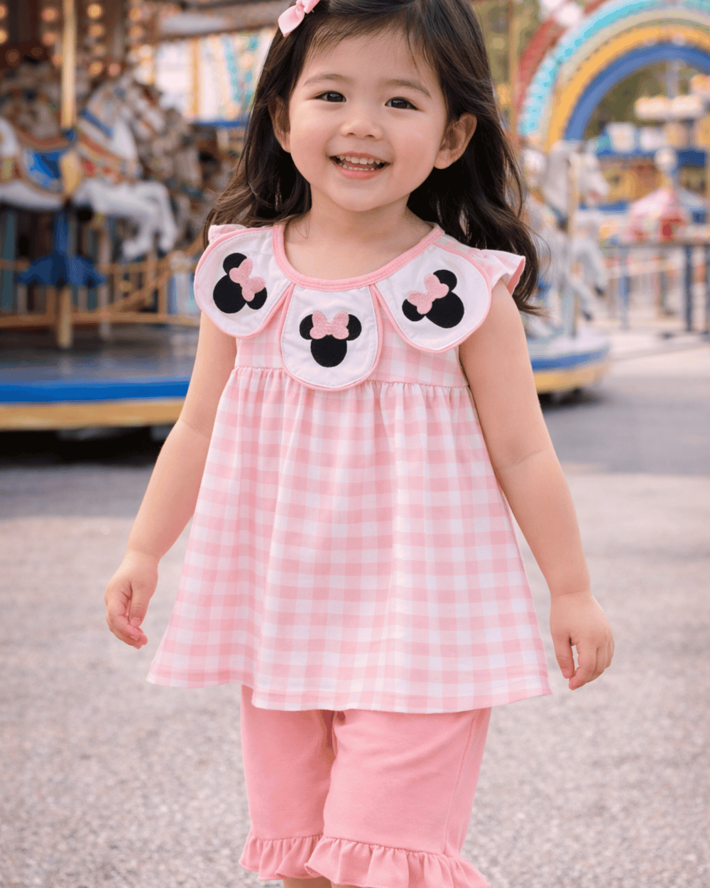 Child wearing a pink checkered dress with Minnie Mouse details at an amusement park.
