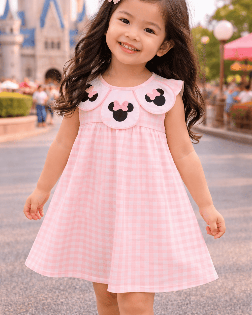 Young girl wearing a pink dress with Minnie Mouse patches in an outdoor setting.