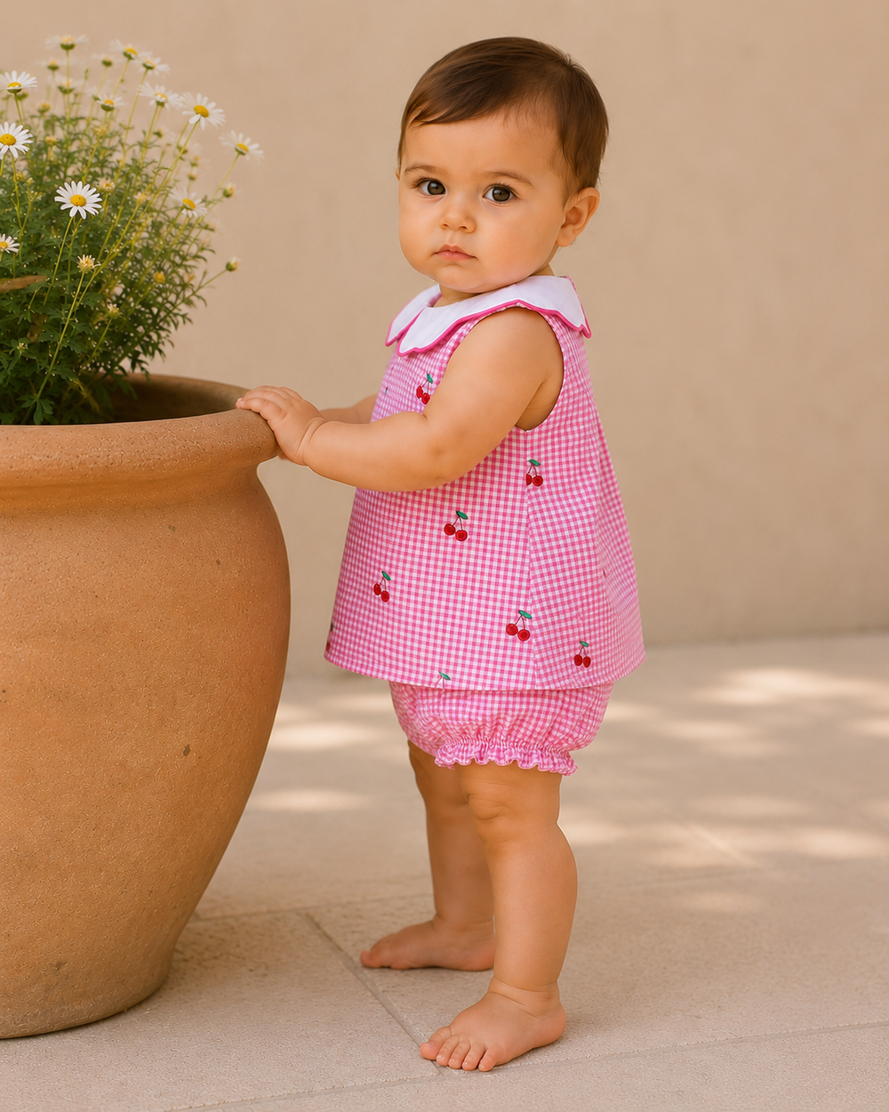 Baby in a pink checkered outfit standing next to a large pot with plants.
