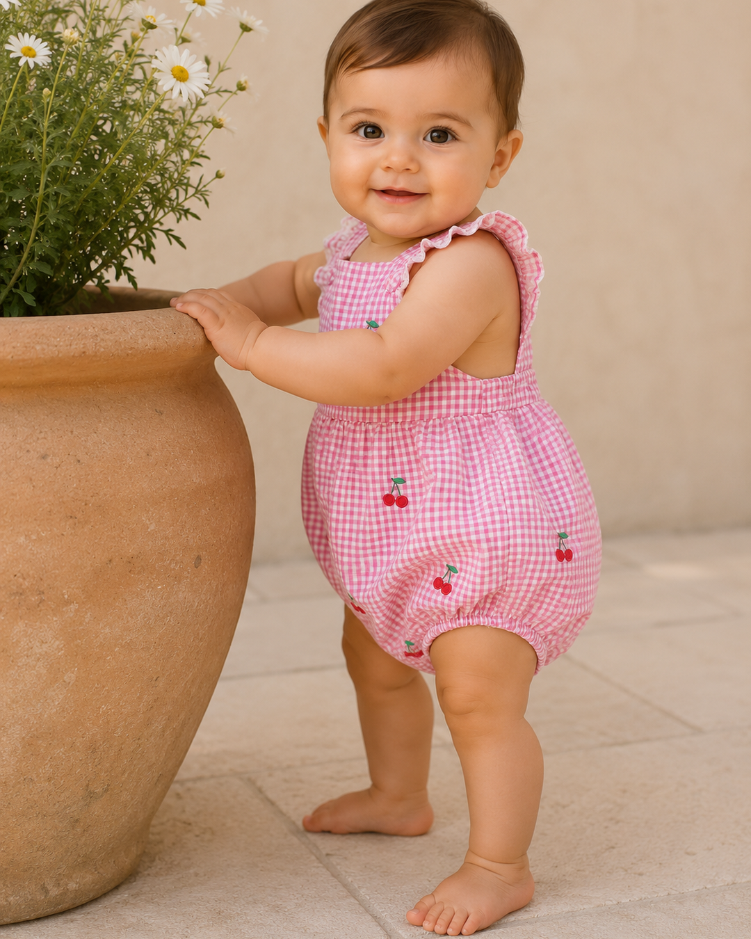 Baby in a pink checkered romper standing next to a large pot outdoors.