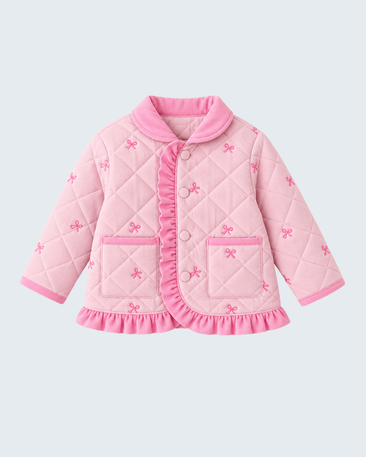 Pink Corduroy Bow Embroidered Ruffle Jacket