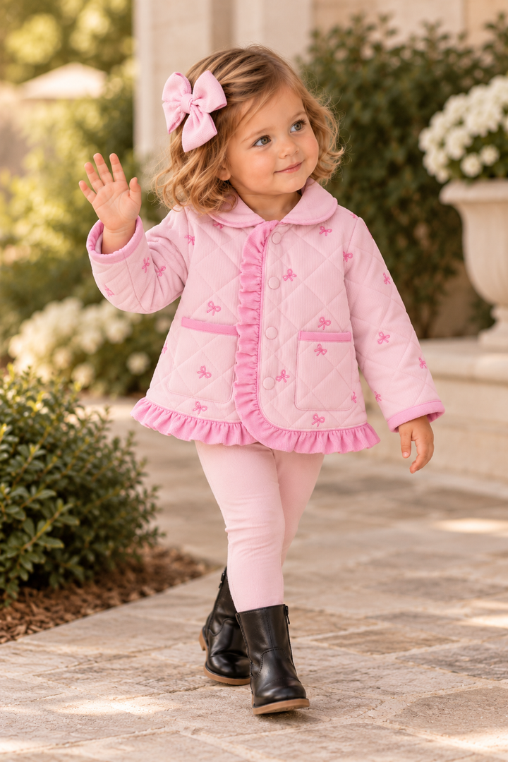 Toddler girl is wearing a Pink Corduroy Bow Embroidered Ruffle Jacket