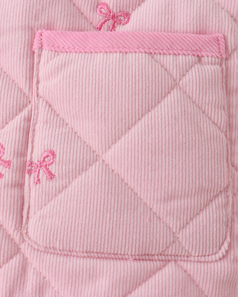 Pink quilted jacket pocket panel with pink bow embroidery