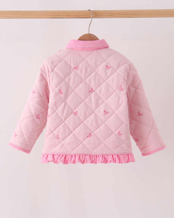 Pink quilted jacket back with bow embroidery and ruffled hem
