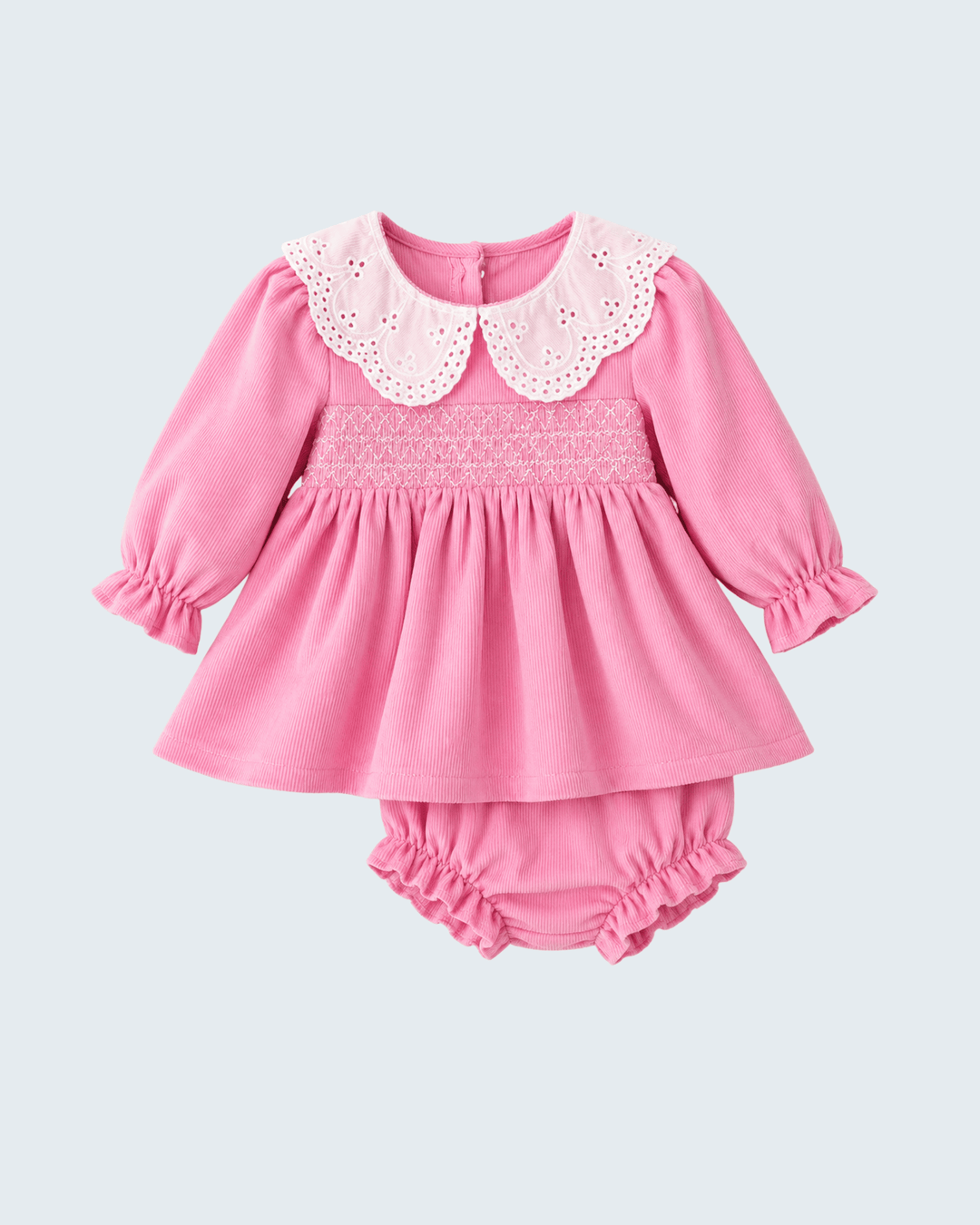 Pink long-sleeve dress and bloomer set with lace yoke and smocked panel
