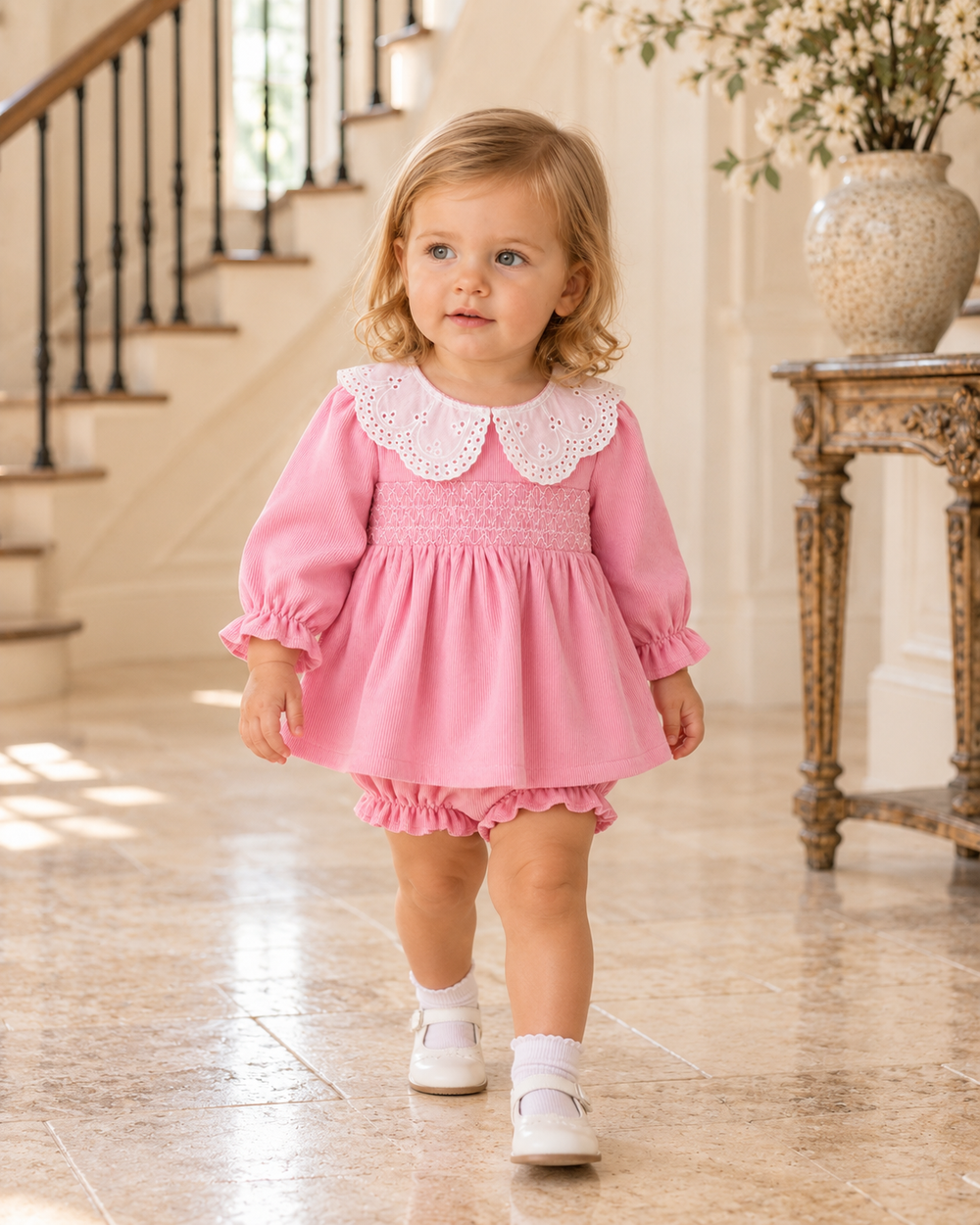 Pink dress and bloomer set with white lace collar, worn by a child