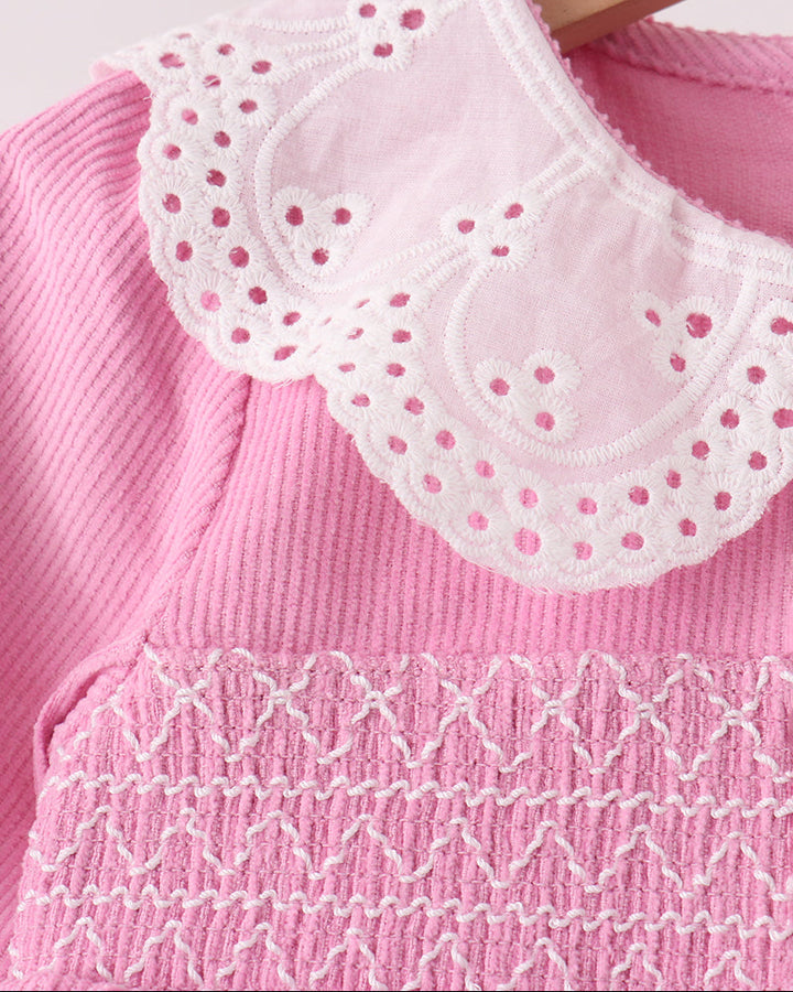 Pink corduroy dress with white lace scalloped Peter Pan collar