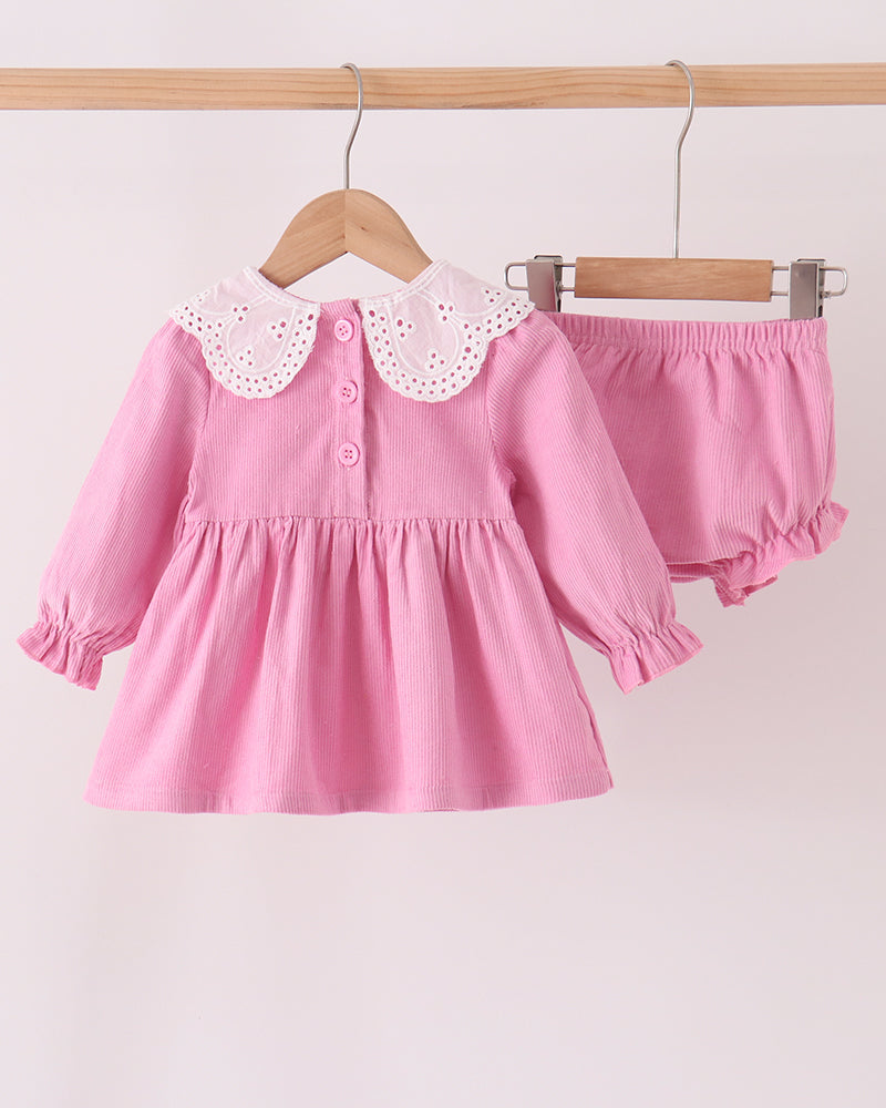 Pink long-sleeve dress and matching bloomer set with lace scalloped collar
