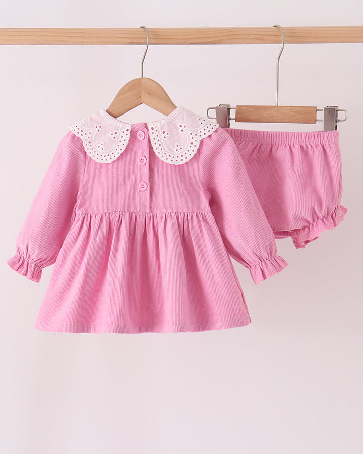 Pink long-sleeve dress and matching bloomer set with lace scalloped collar