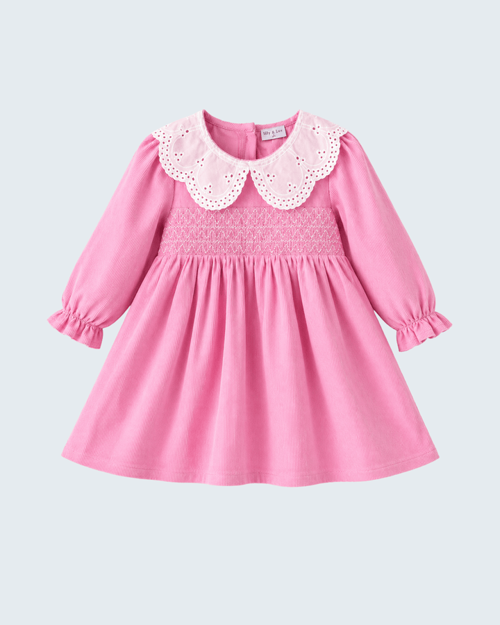 Pink corduroy dress with lace scalloped collar and long puff sleeves