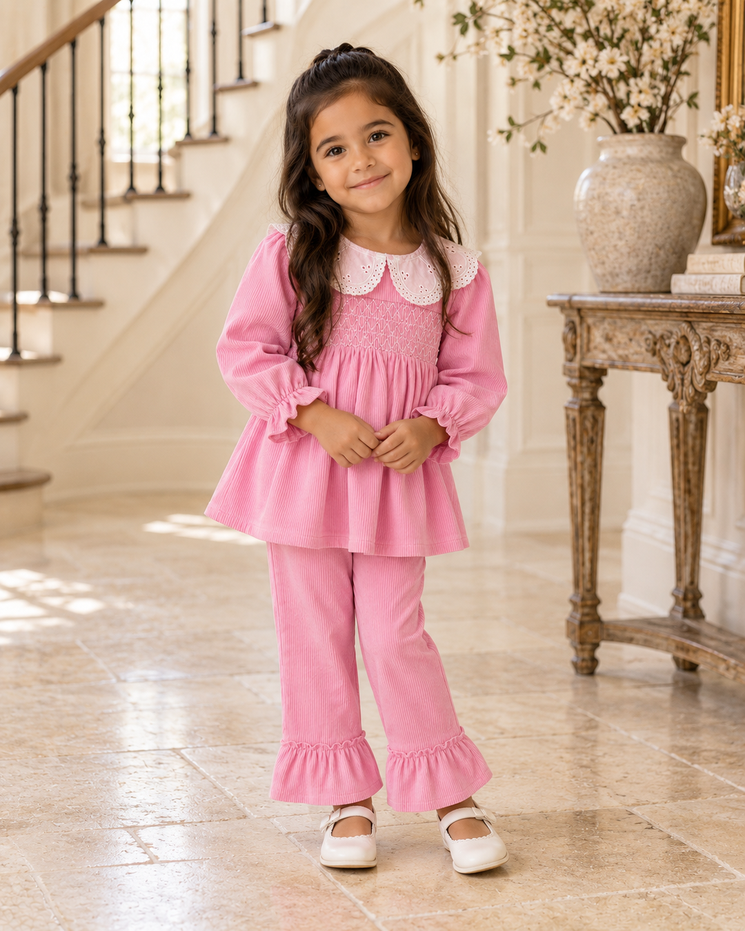 Pink corduroy top and pants set with lace collar, smocking, and ruffled cuffs