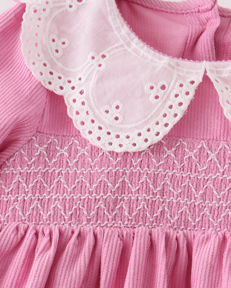 Pink corduroy top with lace Peter Pan collar and smocked ruffle yoke