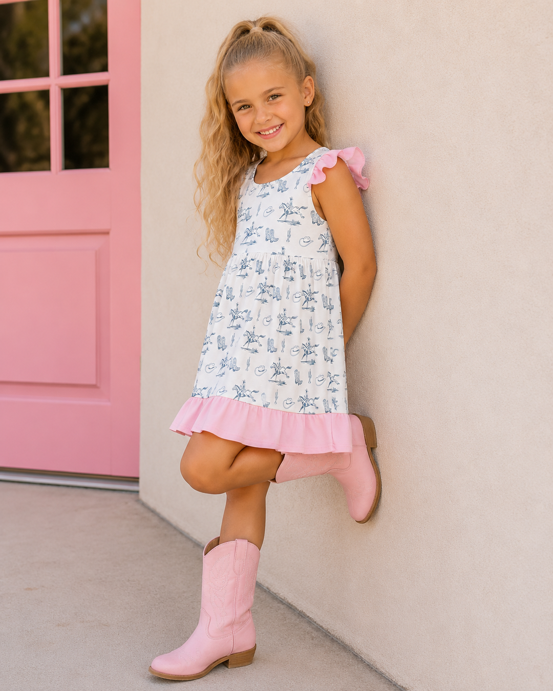 Young girl in a floral dress with pink trim and pink boots standing against a light-colored wall.