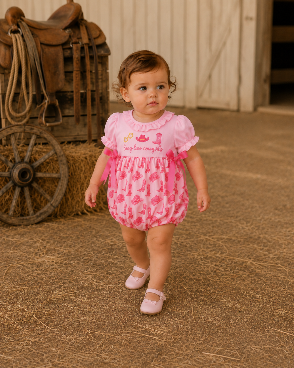 Baby girl is by a saddle and is wearing a pink cowgirl romper.