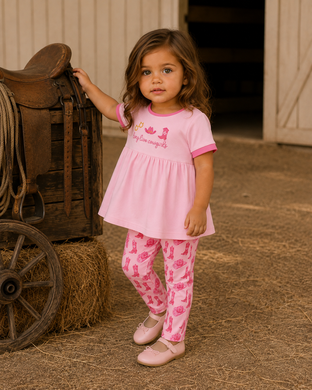 A young girl stands in a barn wearing a light pink short-sleeve dress with a darker pink ruffled hem and matching pink leggings with a darker pink rose pattern. She is posed next to a rustic wooden wagon wheel and hay bale.