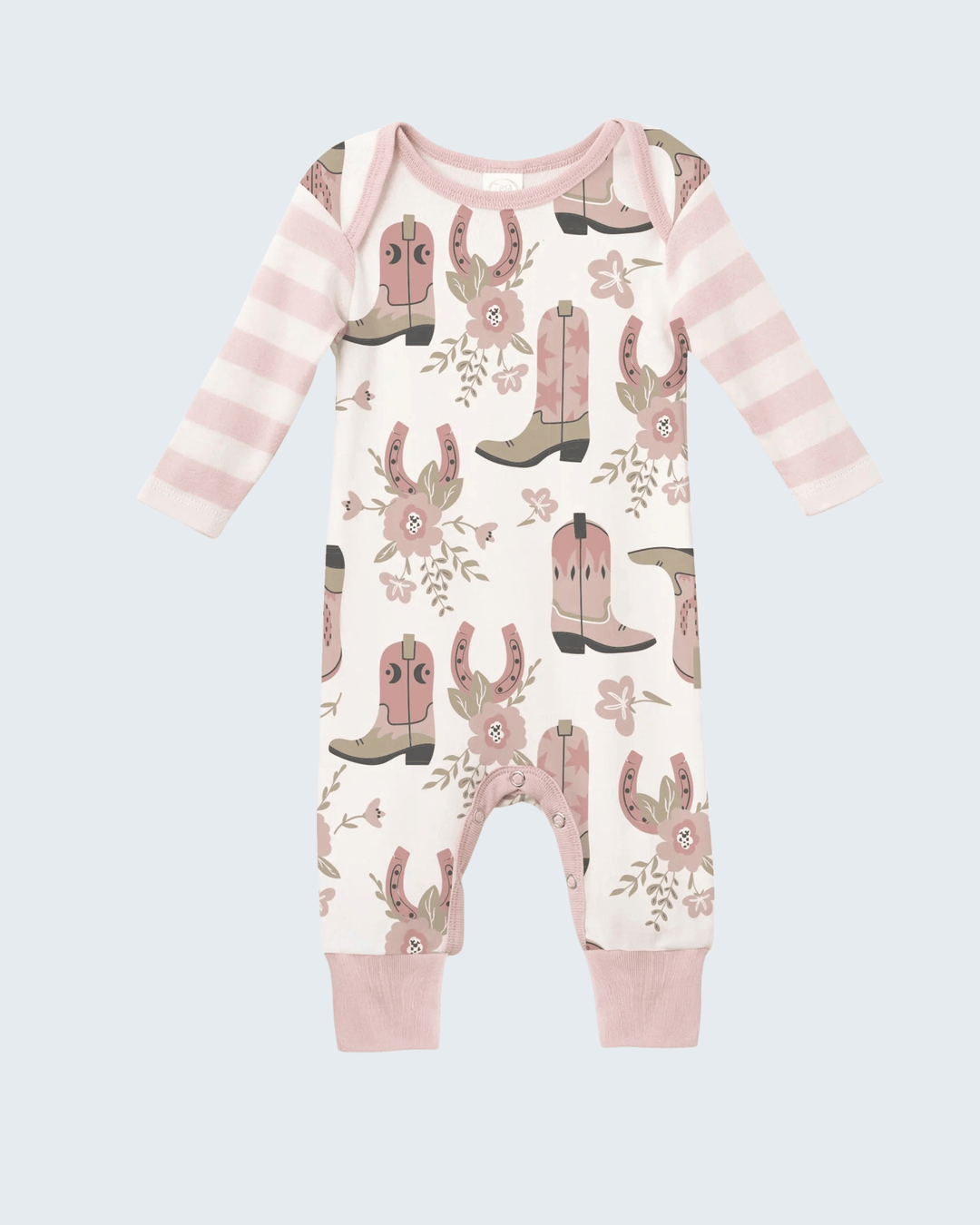 Light pink long-sleeve cowgirl romper with cactus and flower print, striped sleeves