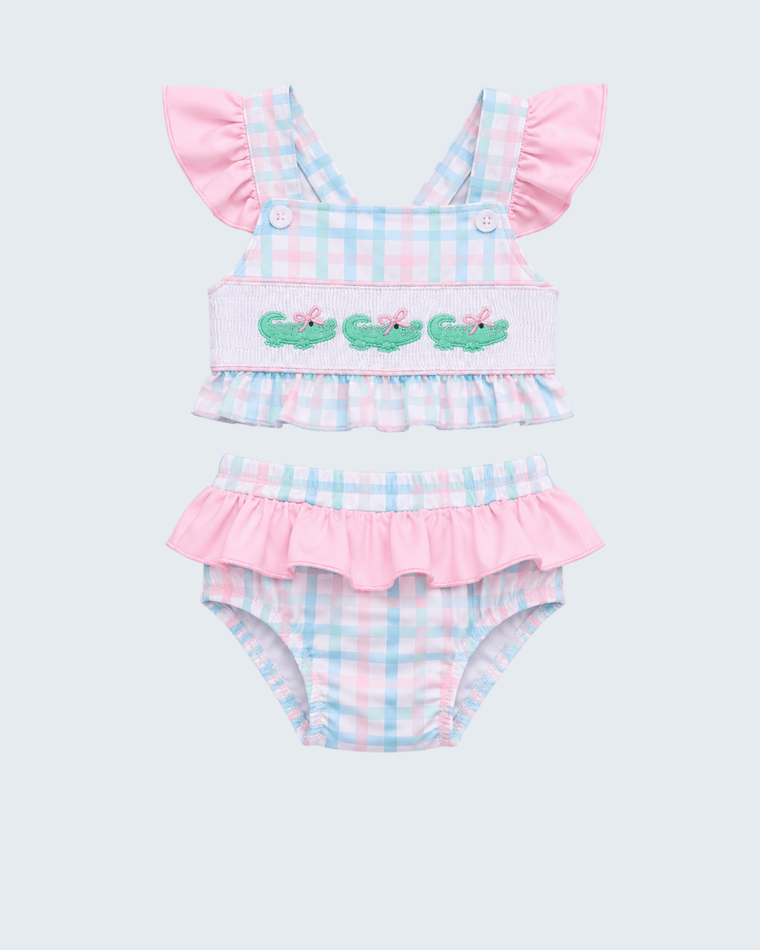 Gingham 2-piece swimsuit with green crocodile embroidery, pink ruffles, and flutter sleeves