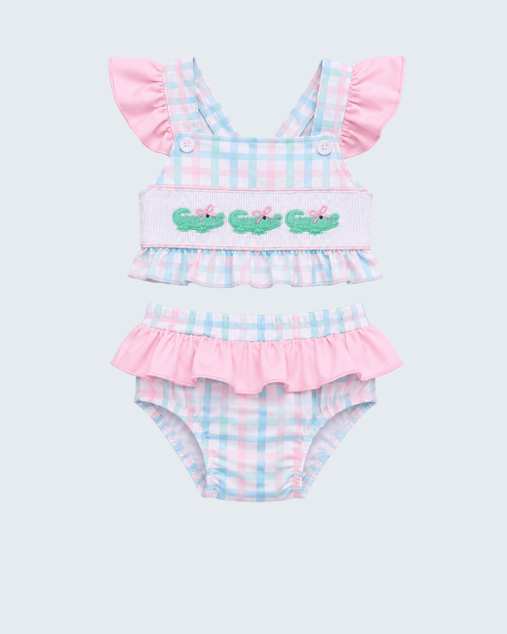 Gingham 2-piece swimsuit with green crocodile embroidery, pink ruffles, and flutter sleeves