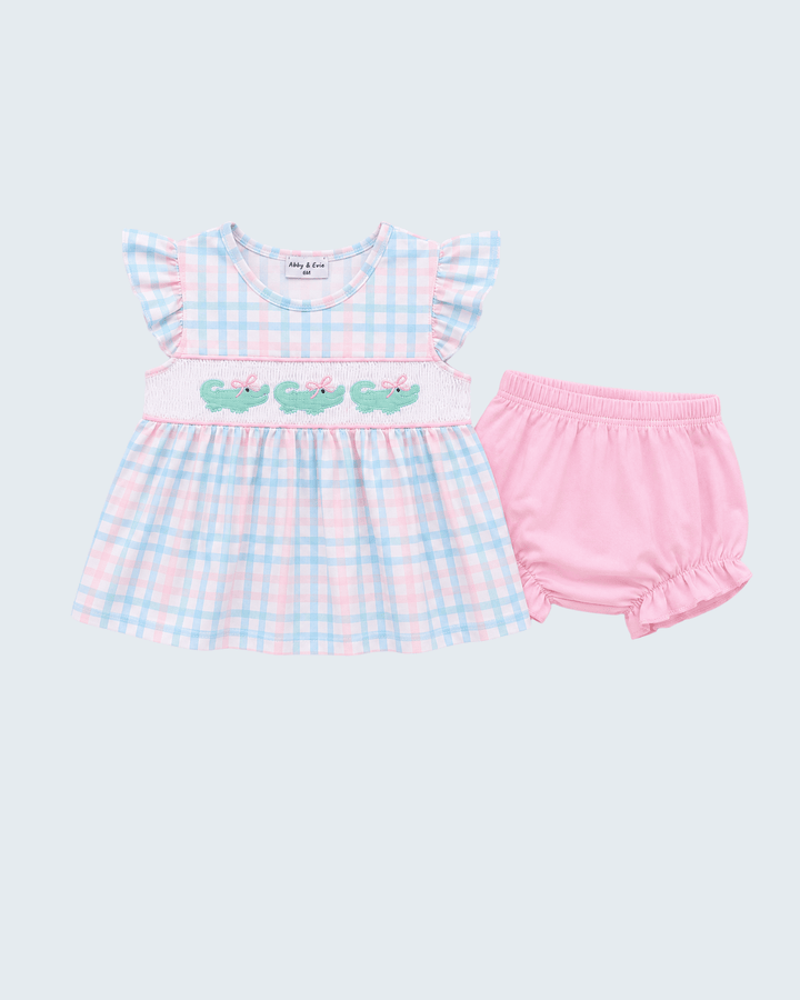 Gingham ruffle dress with matching pink bloomer set, crocodile applique