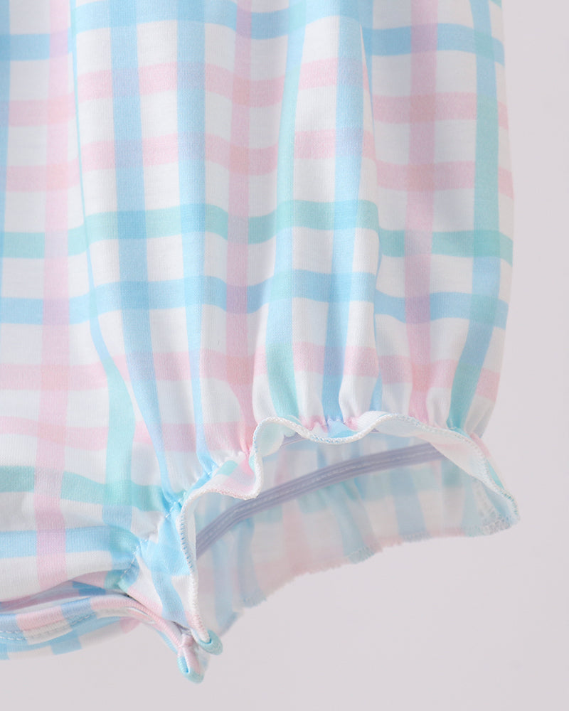 Pink-and-blue gingham baby bubble romper with ruffled hem and gathered waistband