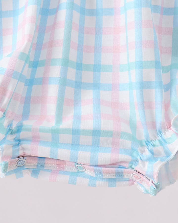 Pink-and-blue gingham baby bubble romper with ruffled leg openings and gathered waist