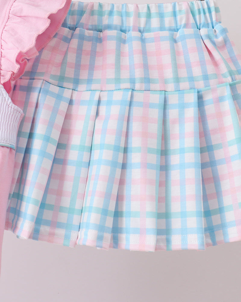Blue and pink plaid skort skirt with gathered pleats and elastic waistband