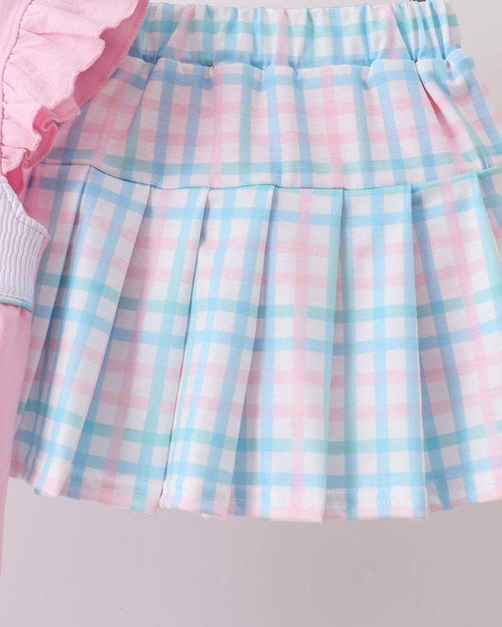 Blue and pink plaid skort skirt with gathered pleats and elastic waistband