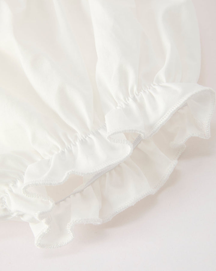Matching white bloomer bottoms with gathered ruffle hem