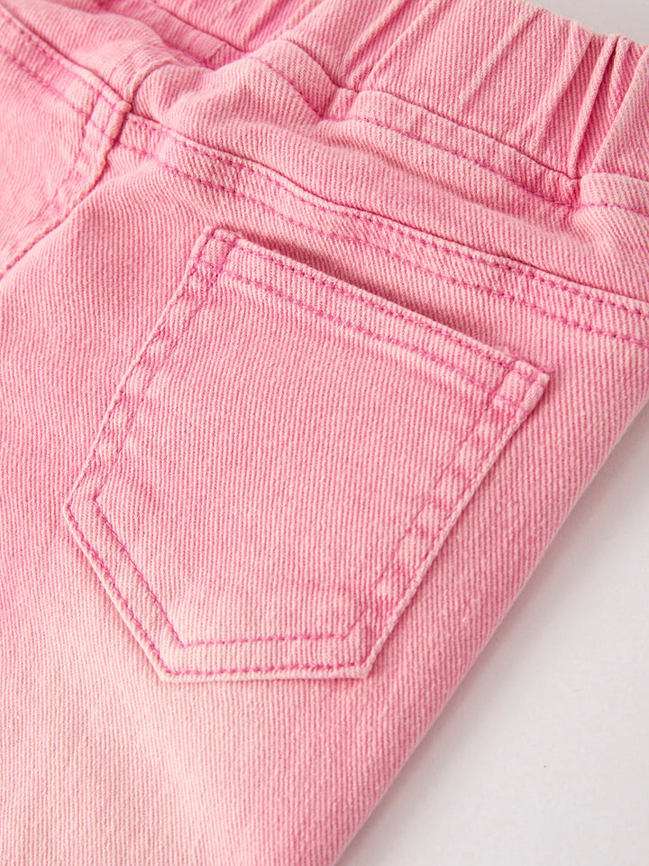 Pink flared denim jeans with stitched front pocket and elastic waistband